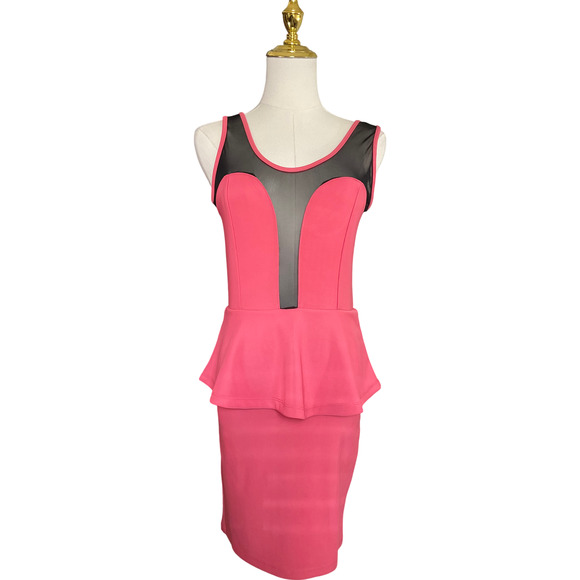 Story Women's Peplum Dress Size Small Pink with Sheer Black Detail - Picture 1 of 11